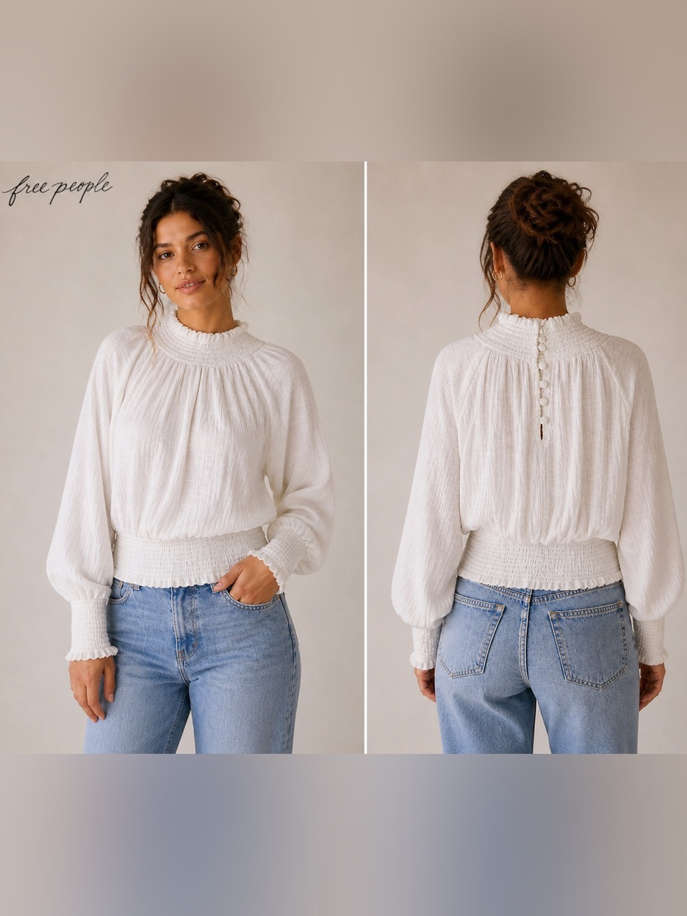 Free People XS Textured White Top Smocked Waist Stretch Lightweight